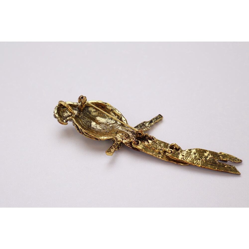 Vintage Parrot Bird Brooch Rhinestone Enamel Tropical Bird Pin Gold Tone 4” - Picture 5 of 5